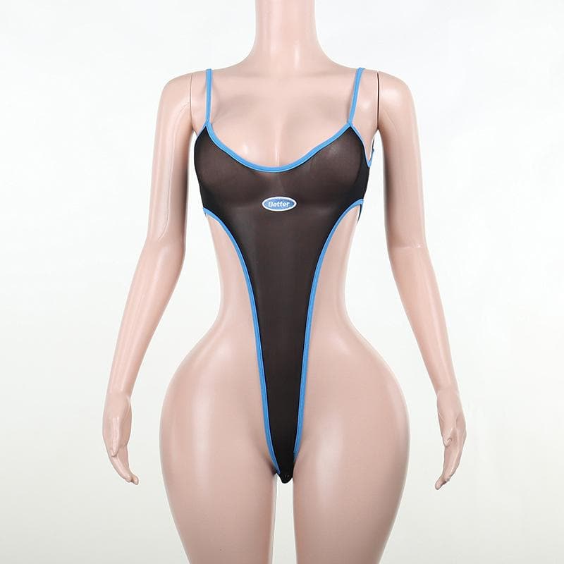 Body senza schienale con scollo a U e rete trasparente a contrasto 