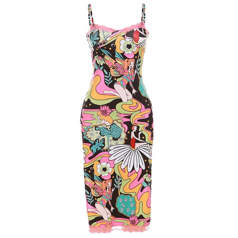 Abstract Print Contrast Lace Hem Slit Low Cut Backless Cami Midi Dress