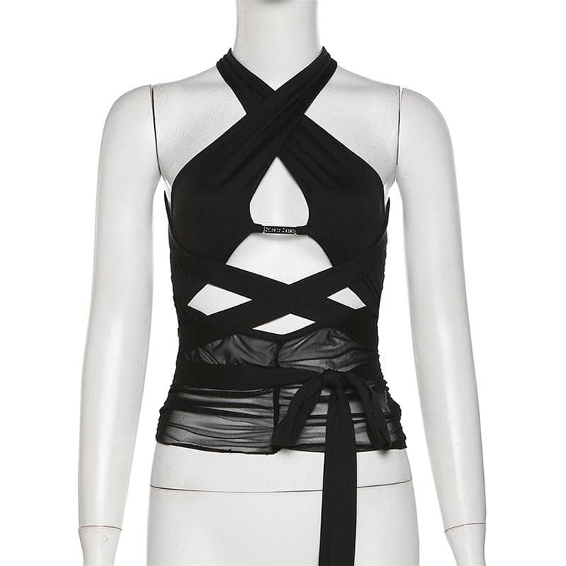 Sleeveless solid hollow out cross front mesh crop top