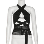 Sleeveless solid hollow out cross front mesh crop top