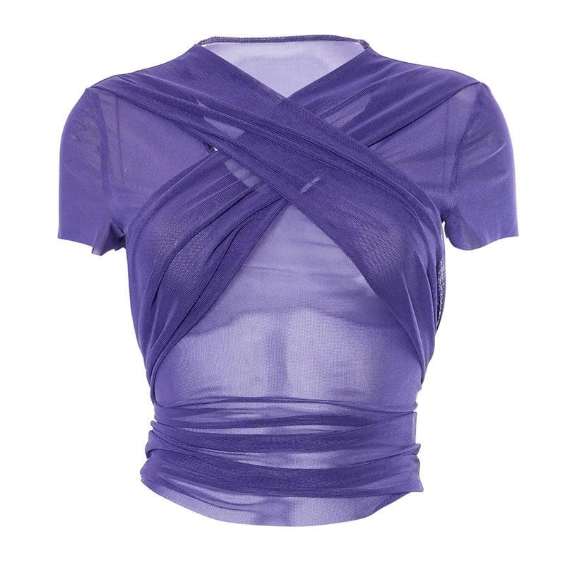 Sheer mesh see through cross front short sleeve solid self tie top
