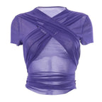 Sheer mesh see through cross front short sleeve solid self tie top