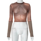 Maglia a maniche lunghe trasparente con patchwork in maglia a contrasto 