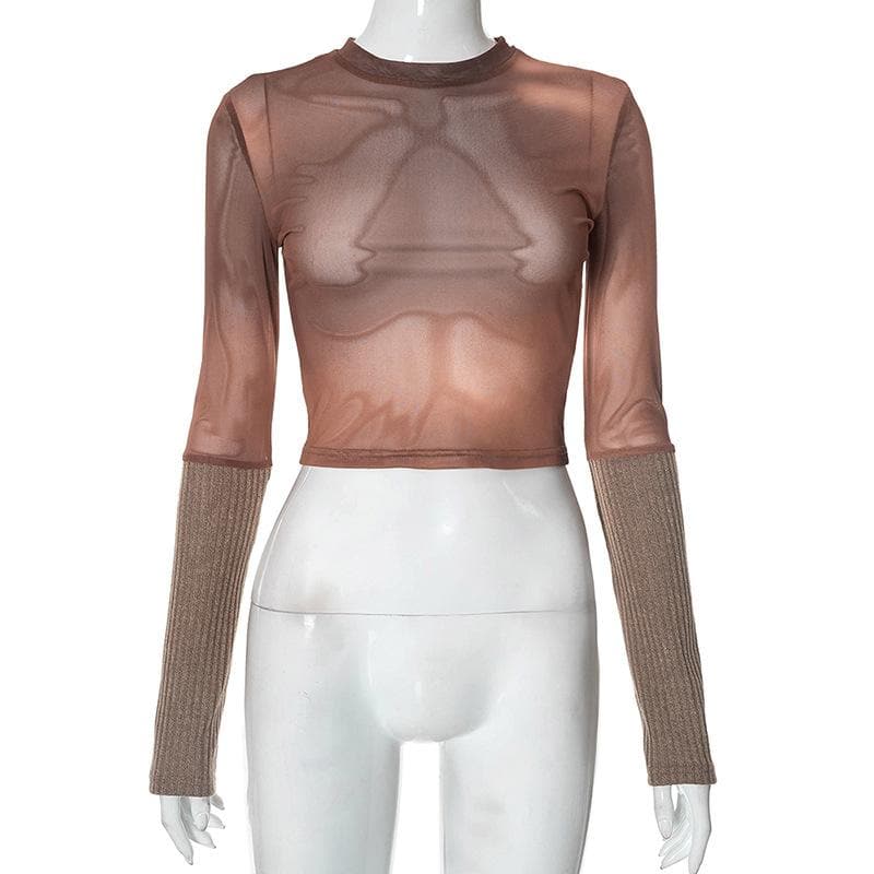 Maglia a maniche lunghe trasparente con patchwork in maglia a contrasto 