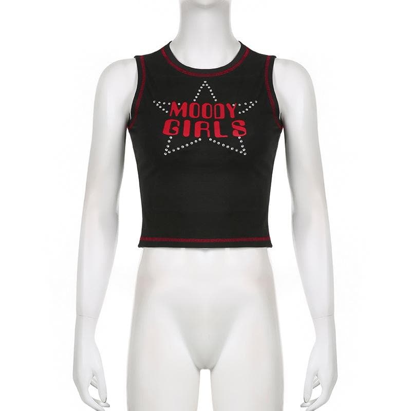 Star pattern beaded contrast stitch sleeveless crop top