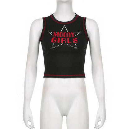 Star pattern beaded contrast stitch sleeveless crop top