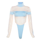 Body a collo alto e maniche lunghe in rete con patchwork a contrasto 