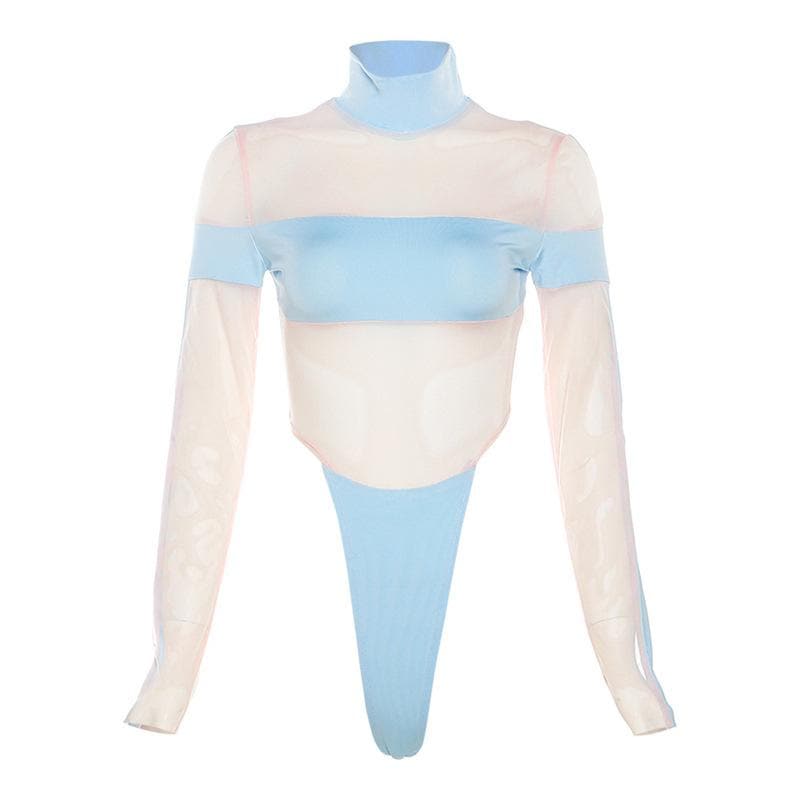 Body a collo alto e maniche lunghe in rete con patchwork a contrasto 