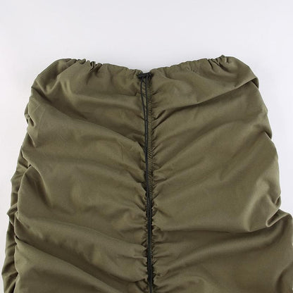 Drawstring ruched cargo low rise solid midi skirt