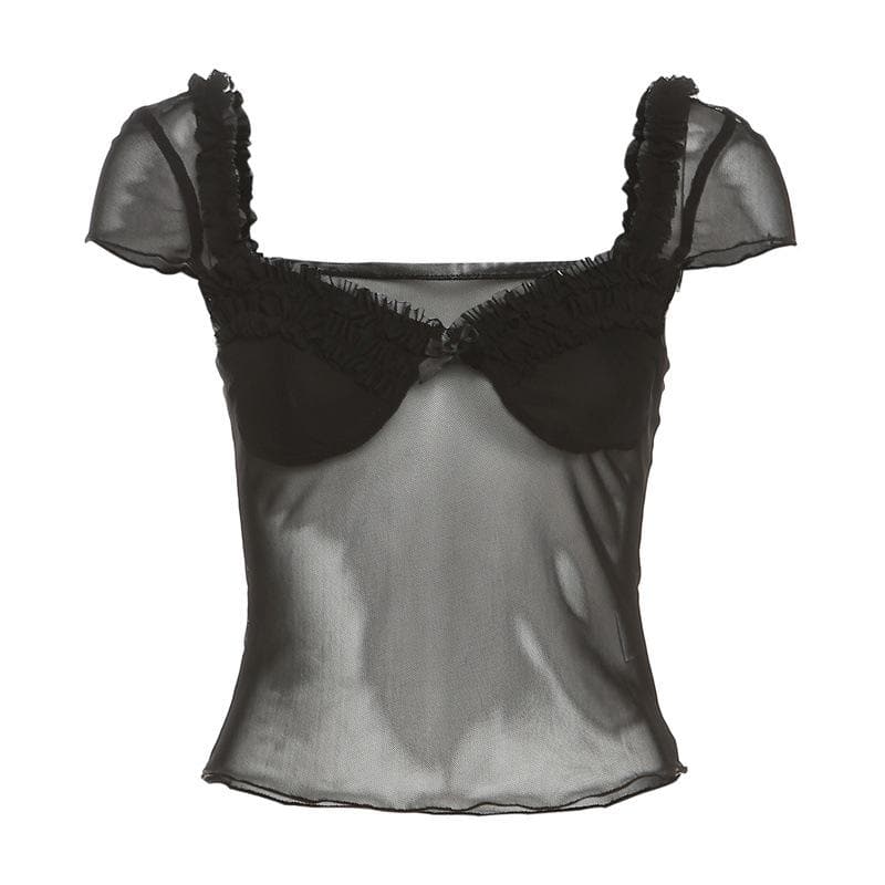Top senza schienale con maniche a cappuccio, scollo a V con volant e patchwork in rete 
