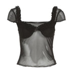 Top senza schienale con maniche a cappuccio, scollo a V con volant e patchwork in rete 