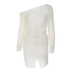 Textured off shoulder irregular long sleeve ruched slit mini skirt set