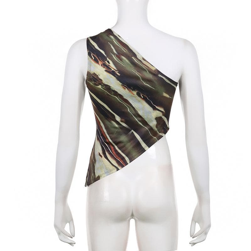 Abstract Print Contrast One Shoulder Irregular Crop Top