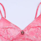Sheer mesh see through v neck flower print ruffle cami crop top