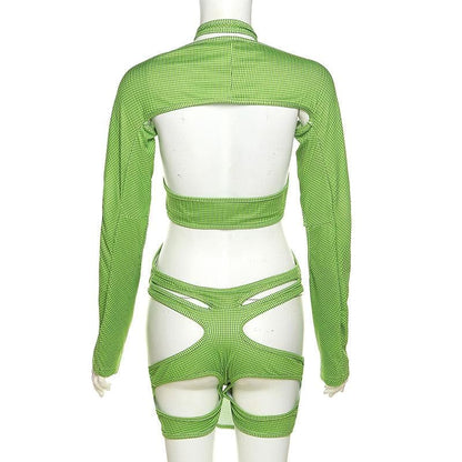 Body a due pezzi con maniche lunghe e scollo a V a quadri incrociati sul davanti