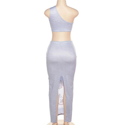 One shoulder irregular sleeveless contrast print slit maxi skirt set