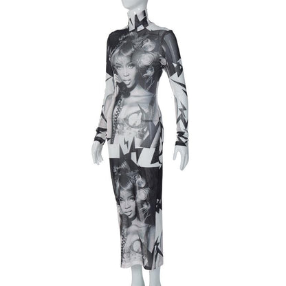 Abstract Print Sheer Mesh See Through High Neck Long Sleeve Maxi Dress