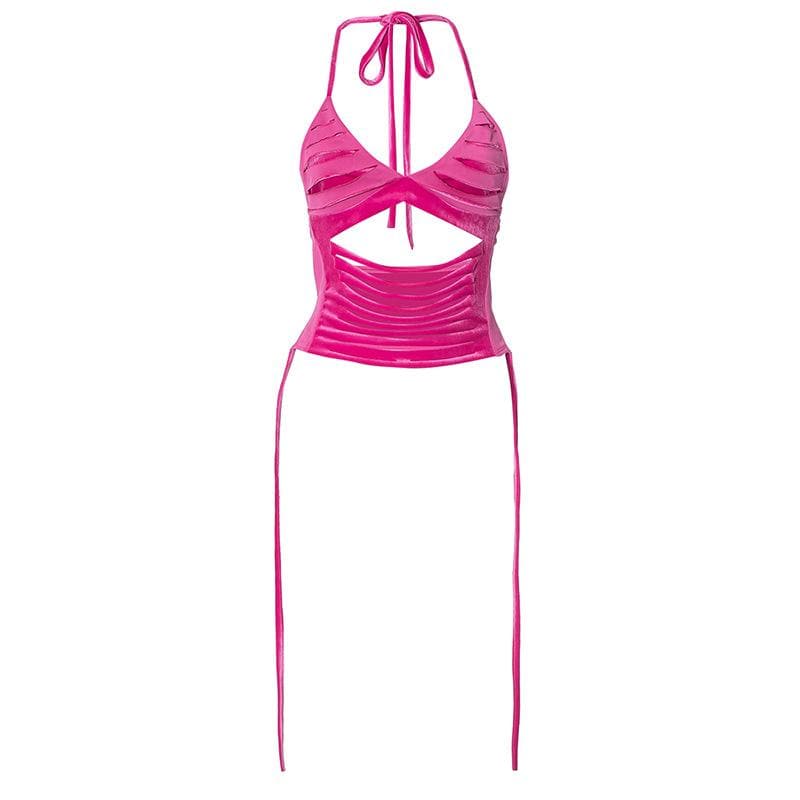 Hollow out self tie halter backless v neck crop top