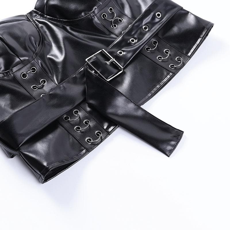 Sweetheart neck backless belt PU leather corset zip-up top