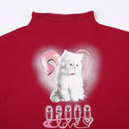 High neck short sleeve gloves cat pattern crop top