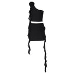 Irregular flower applique one shoulder solid mini skirt set