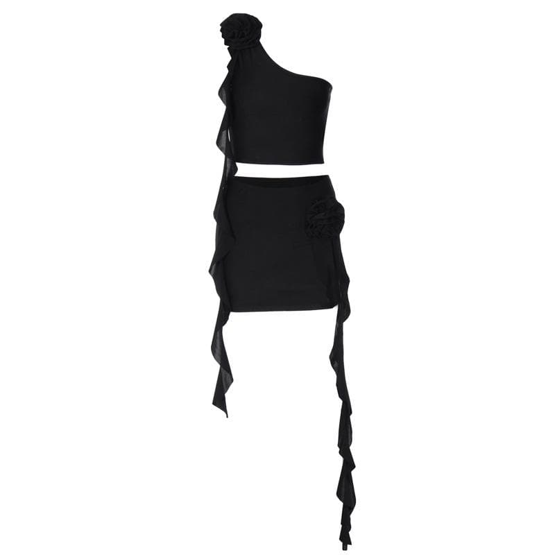 Irregular flower applique one shoulder solid mini skirt set