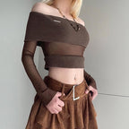 Off shoulder metal tag mesh patchwork knitted top