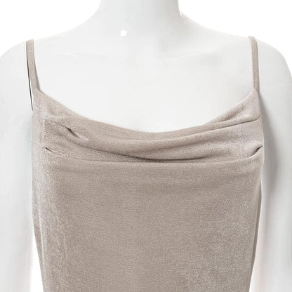 Cowl neck slit backless solid irregular cami midi dress