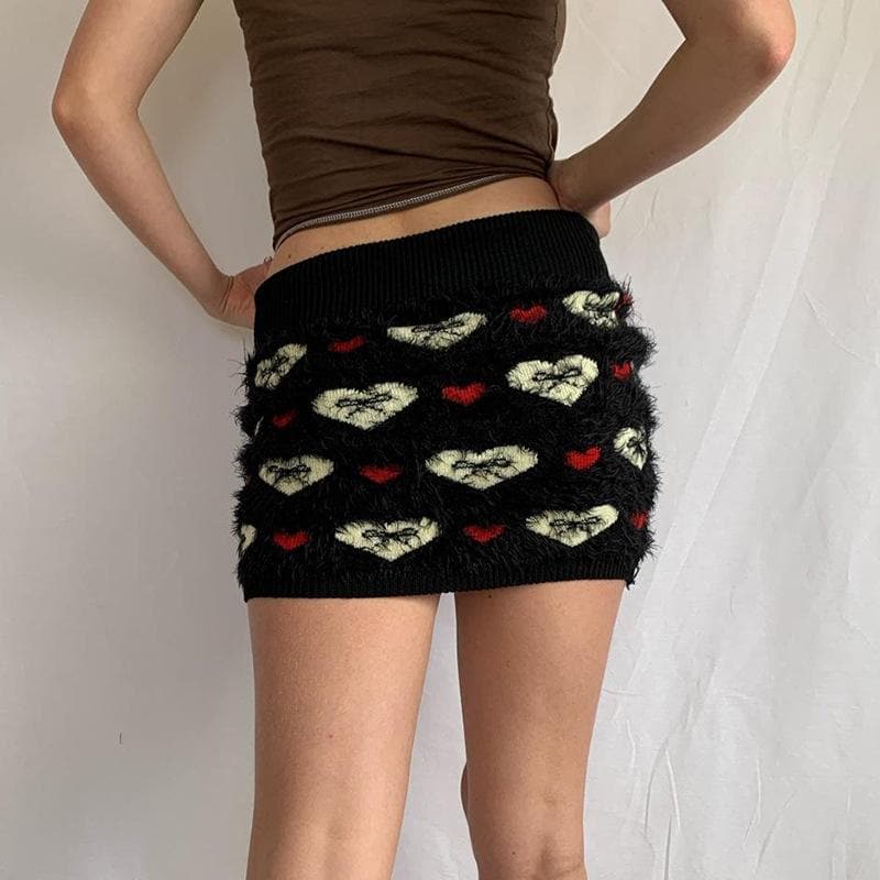 Contrast fluffy bowknot heart pattern mini skirt - Final Sale