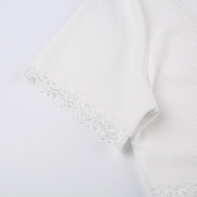 Short sleeve v neck ribbed lace hem solid crop top