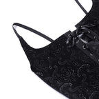 Lace up backless velvet lace hem square neck cami crop top