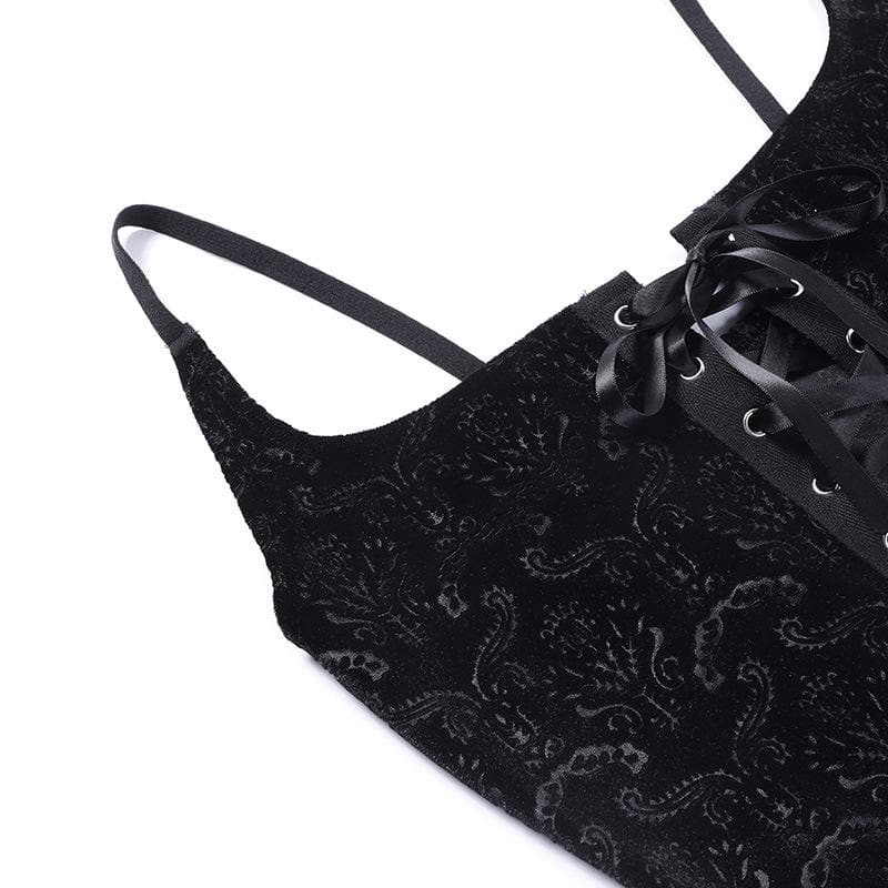 Lace up backless velvet lace hem square neck cami crop top