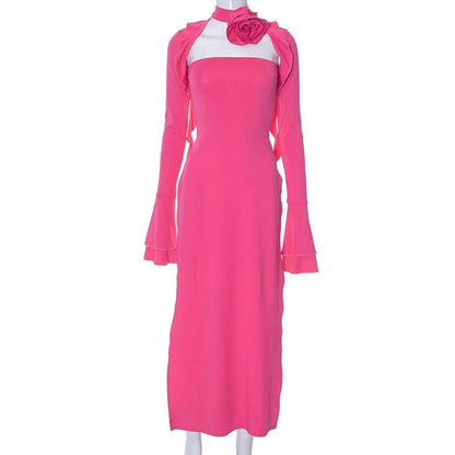 Maxikleid mit Blumenapplikation, Schlitz, ausgestellten Ärmeln und Schleife