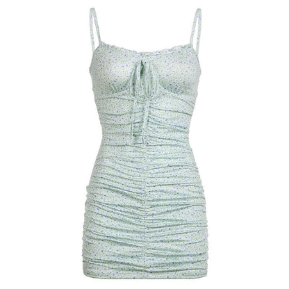Ruched self tie backless contrast flower print cami mini dress