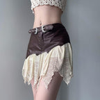 Minigonna testurizzata con cintura a balze patchwork in pelle PU irregolare 