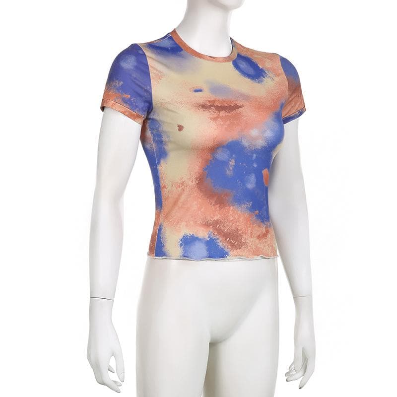 Tie dye short sleeve crewneck contrast top