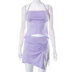 Halter solid self tie backless drawstring irregular slit mini skirt set