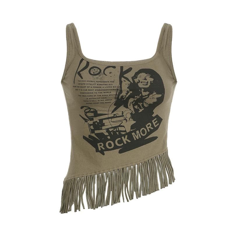 Irregular tassels sleeveless zip-up contrast print top