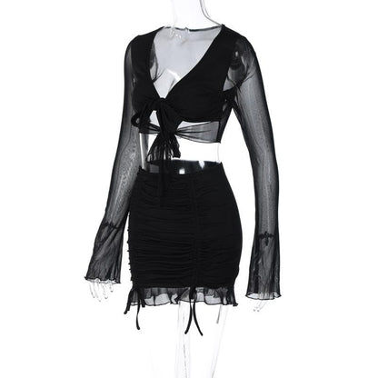 Long sleeve v neck drawstring mesh solid ruffle mini skirt set