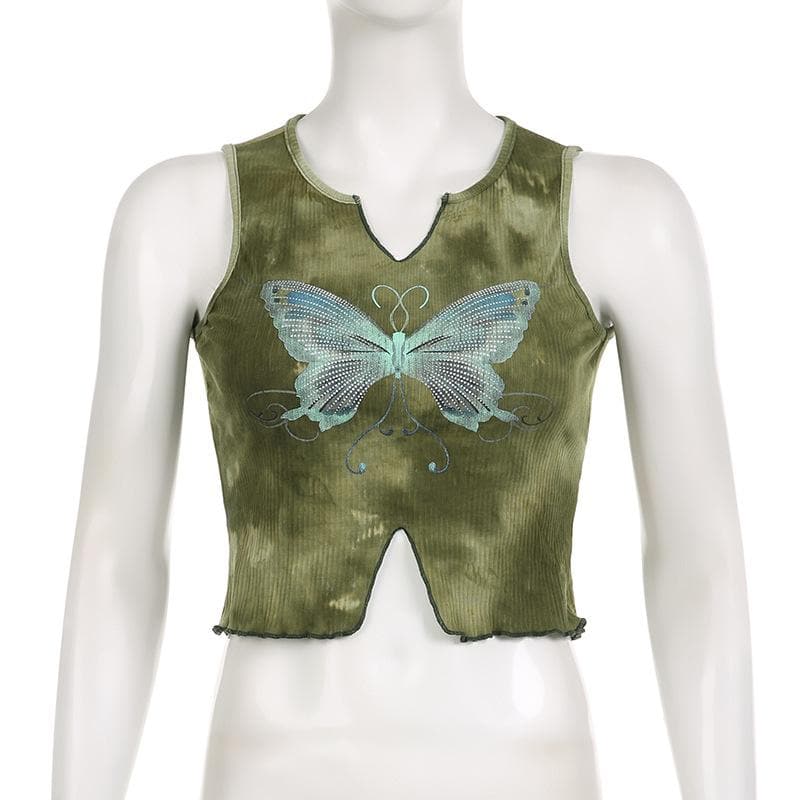 Ribbed tie dye butterfly pattern sleeveless notch neck ruffle crop top