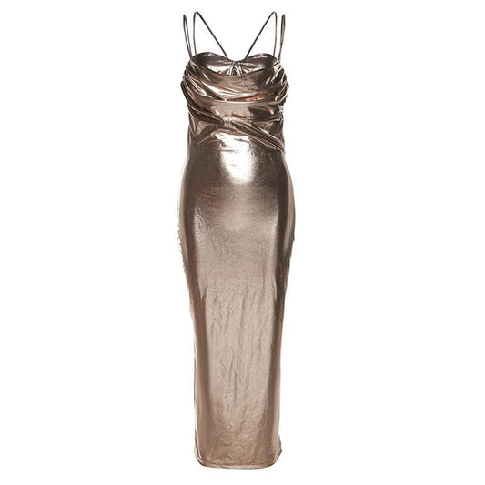 Metallic-Midikleid mit gerüschtem Rücken und Patchwork-Muster 