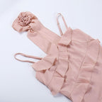 Smocked flower applique ruffle solid ribbon backless cami top
