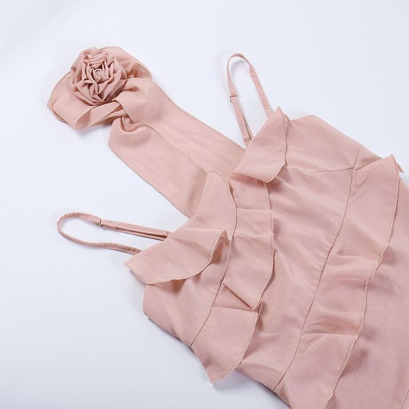 Smocked flower applique ruffle solid ribbon backless cami top