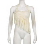 Halter irregular lace backless see through ruffle solid top