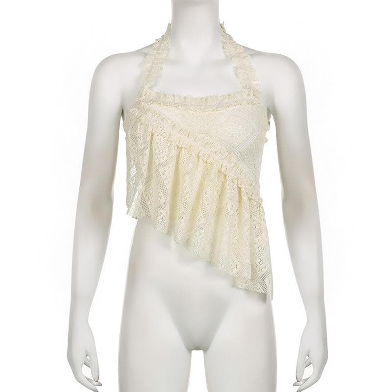 Halter irregular lace backless see through ruffle solid top