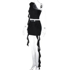Irregular flower applique one shoulder solid mini skirt set