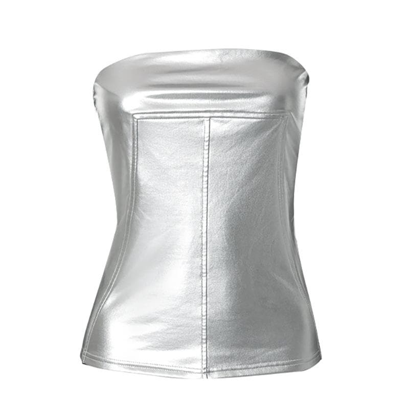 Metallic backless solid sleeveless stitch tube top
