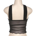 Buckle mesh ruffle halter backless low cut crop top