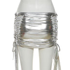 Ruched drawstring hollow out metallic self tie solid mini skirt - Final Sale