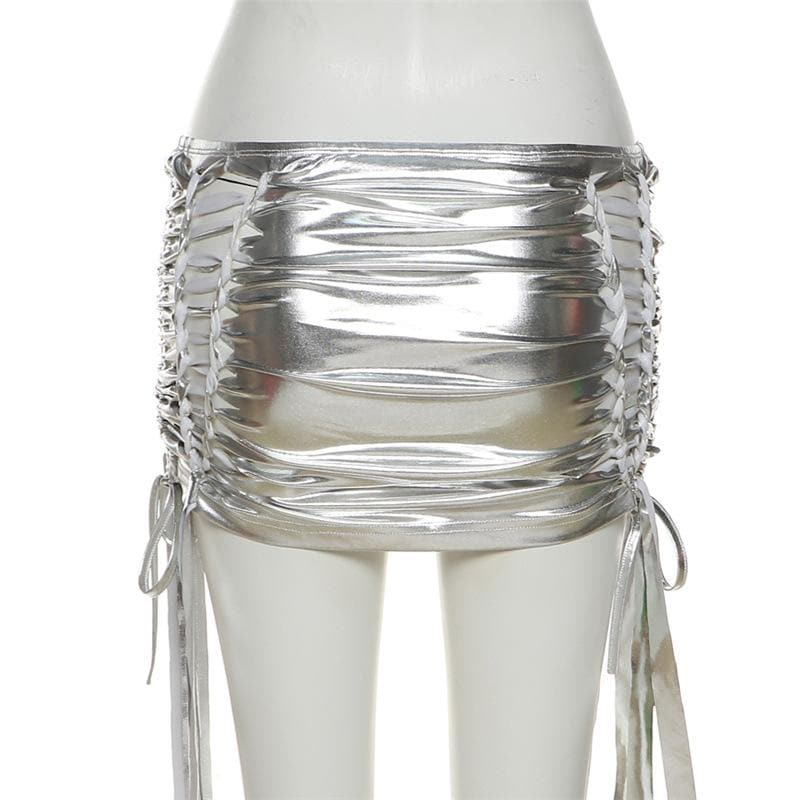 Ruched drawstring hollow out metallic self tie solid mini skirt - Final Sale